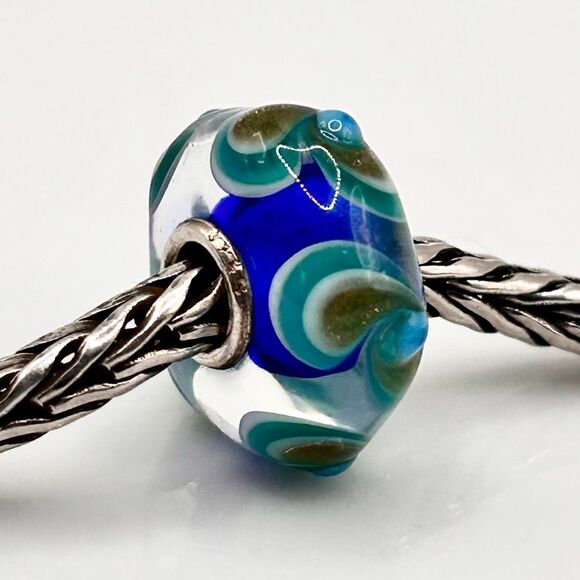 TROLLBEADS SALE Blue Turquoise Gold Textured Pinwheels LAA 925S NEW! Glitter - Picture 2 of 4
